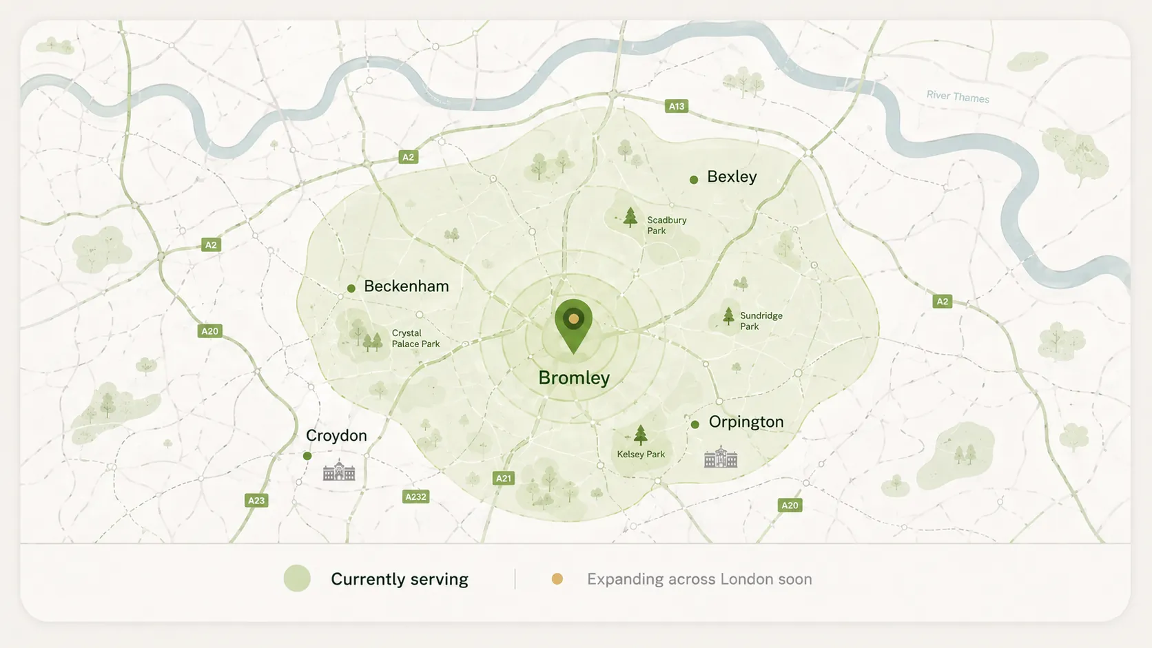 Map showing Sypho's current painting and plastering service area centered on Bromley, covering Beckenham, Orpington, Bexley, and Croydon in South East London